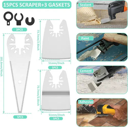 Vista 3 de 15 cuchillas de raspador oscilantes para quitar calafatear, sellador adhesivo, pintura, cuchillas oscilantes multiherramienta compatibles