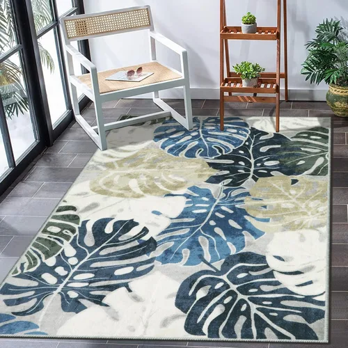 Vista 9 de Wonnitar Leaf - Alfombra de cocina de 2x3 pies, alfombra azul pequeña para baño, alfombra decorativa lavable para mesita de noche, planta