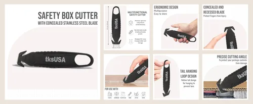Vista 9 de Cortador de caja de seguridad. tksUSA here, tu cortador inoxidable, abridor de paquetes de acero. Paquete de cuchillos de seguridad con cuchilla