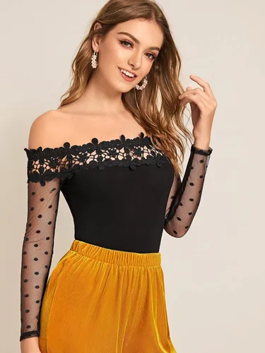 Vista 4 de Verdusa Body de manga larga con encaje de malla en contraste para mujer