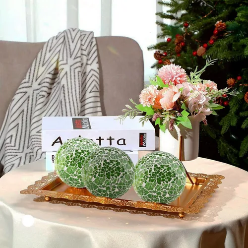 Vista 6 de Woration 2 bolas de vidrio decorativas con espejo, decoración verde, mosaico, orbes, esfera, sala de estar, comedor y mesa de café, jarrones