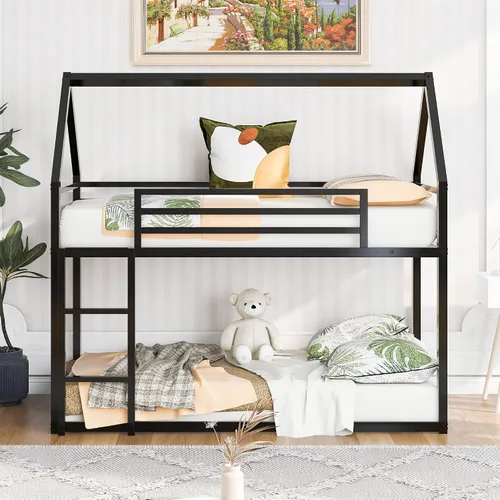 Vista 3 de Litera de casa individual sobre cama individual con escalera convertible integrada, diseño de casa de juegos de dormitorio, marco de cama de metal