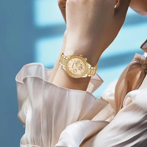 Vista 3 de Reloj de cuarzo unisex con diamantes de cristal flotantes de lujo con pulsera de eslabones de acero inoxidable Rose gold