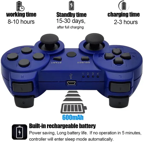 Vista 3 de Rzzhgzq 2 Pack PS3 Wireless Controller Playstation 3 Controller Wireless Bluetooth Gamepad with USB Charger Cable for PS3 Console (BLUE+SILVER)
