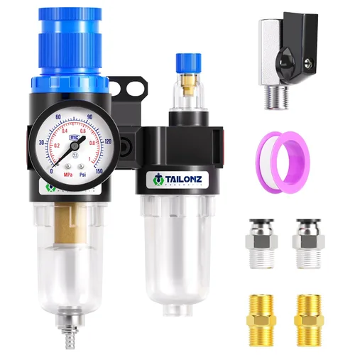 Vista 11 de TAILONZ PNEUMATIC Kit de Regulador de Presión Mini AR2000 de 5 en 1 de 1/4 Pulgada NPT para Sistemas de Aire Comprimido, Ajuste de 0 a 145 Psi Azul