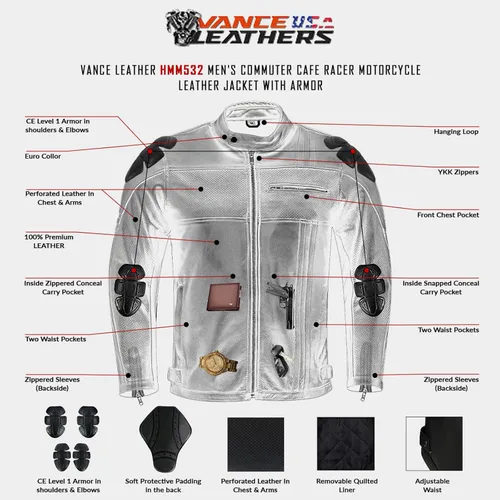 Vista 5 de Vance Leather s' Commuter Cafe Racer - Chaqueta de cuero para motocicleta con armadura para hombre