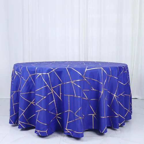 Vista 9 de Efavormart - Mantel redondo de poliéster de 120 pulgadas con patrón geométrico de lámina dorada Azul real