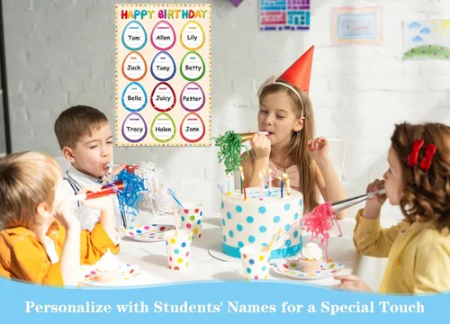 Vista 2 de WhatSign Tabla de feliz cumpleaños – Calendario de aula laminado reutilizable para decoración de tablones de anuncios