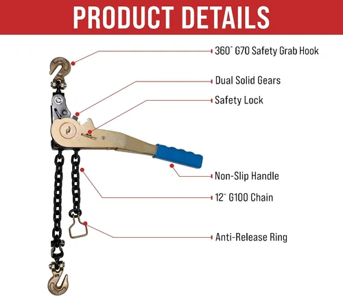 Vista 6 de Mytee Products Tensor de Cadena con Trinquete Fácil de 1/4" - 5/16" con Ganchos de Agarre y 2500 lbs WLL - Tensor de Carga con Trinquete de Amarre