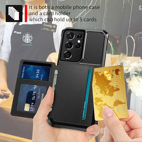 Vista 3 de Funda para Samsung Galaxy S21 Ultra con tarjetero, compatible con soporte magnético para automóvil, resistente a los golpes, resistente, suave, TPU