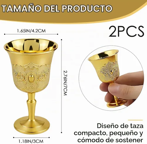 Vista 2 de 2 mini copas doradas – Copas de cáliz de altar sagrado, vasos de chupito de metal vintage para whisky, vino y comunión – Vasos retro de lujo