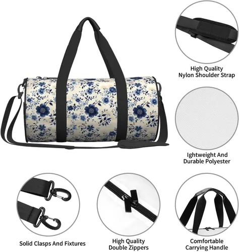 Vista 4 de Large Duffle Bag for Travel - Retro Blue Flower Print Gym Bag for Women Men, Travel Foldable Bags for Women Men with Zippered Multiple Pockets