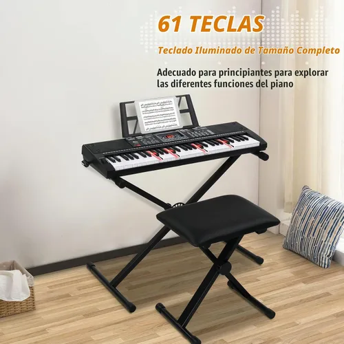 Vista 2 de GLARRY - Juego de teclado eléctrico de 61 teclas de tamaño completo para principiantes, niños, teclado de música portátil con banco de piano