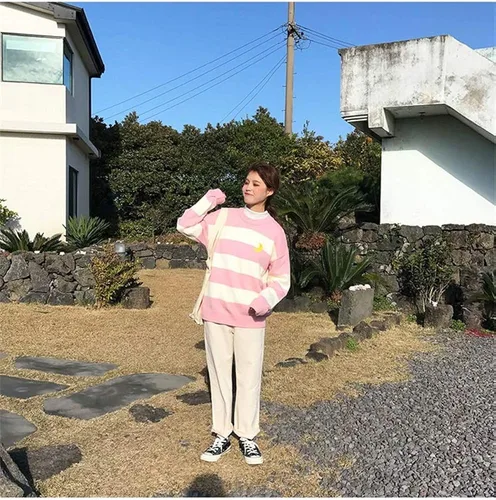 Vista 7 de Suéter Harajuku Moon para mujer, con cuello redondo, a rayas, para invierno, para estudiantes
