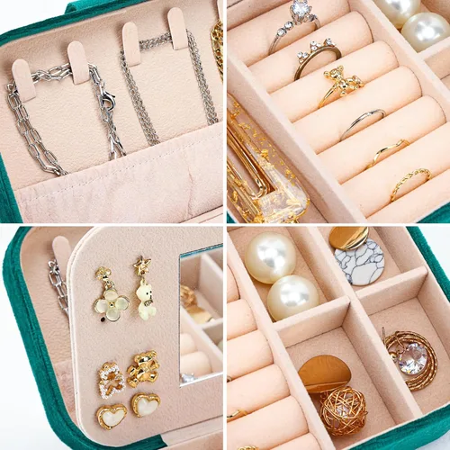 Vista 4 de Fixwal Caja de viaje de terciopelo de felpa, organizador de joyas de viaje pequeño para mujeres y niñas, joyero portátil con espejo para anillos