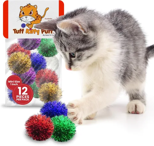 Vista 14 de Tuff Kitty Puff Juguete para gatos con mini bola brillante de 1 pulgada, paquete de 6 unidades, multicolor