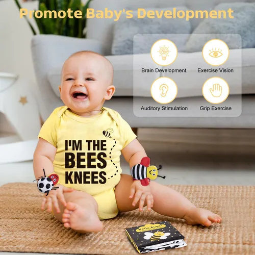 Vista 4 de iAOVUEBY Conjunto de regalo para bebé para recién nacido, canasta de regalos para baby shower de abeja, libro para bebé de alto contraste, juguetes