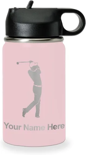 Vista 78 de LaserGram Botella de agua personalizada, golfista de golf, acero inoxidable de doble pared aislada al vacío con popote superior, regalo grabado Negro