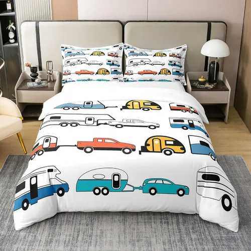 Vista 3 de Funda de edredón de campista 100% algodón individual, juego de ropa de cama de campamento feliz para niños y niñas, funda de edredón de remolque