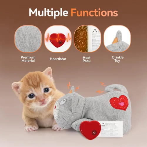 Vista 3 de ALL FOR PAWS Heartbeat - Juguete de peluche para gatos, compañero calmante para gatitos con latidos cardíacos realistas, alivio de la ansiedad