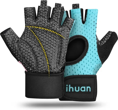 Vista 7 de ihuan Guantes transpirables para levantamiento de pesas: soporte de muñeca para ejercicio sin dedos Mejora la protección de la palma Agarre