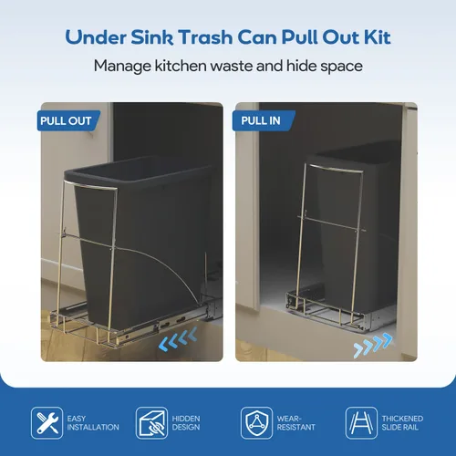 Vista 2 de Cubo de basura extraíble debajo del armario y debajo del fregadero - Organizador de cubo de basura deslizante ajustable para armario de servicio