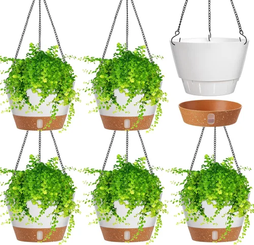 Vista 8 de Amyhill 6 macetas colgantes de 8 pulgadas para plantas de interior, cestas colgantes de riego automático con orificio de drenaje, bandeja de nivel