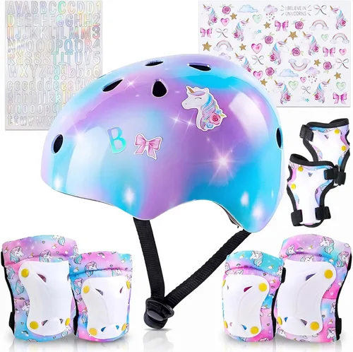 Vista 12 de Casco para niños, casco de bicicleta para niños pequeños con pegatinas DIY Unicornio, rodilleras y coderas ajustables, juego de protección para Rosa