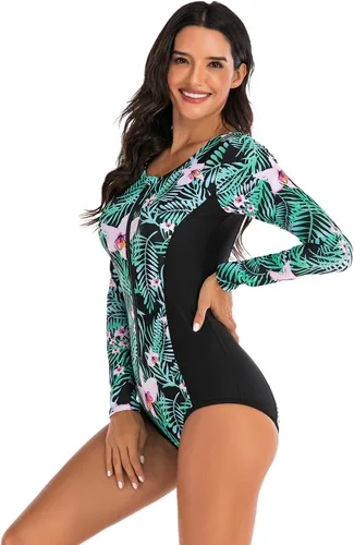 Vista 4 de LafyKoly Traje de baño de una pieza de manga larga para mujer, con protección UV, estampado de surf