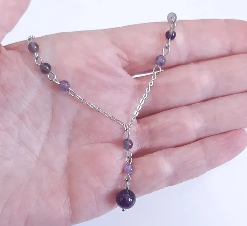 Vista 2 de Natural Crystal Bead Purple Amethyst Y Shaped Lariat Necklace Non-Tarnish Steel Chain