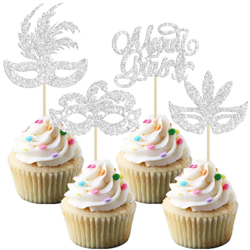 Vista 11 de Gyufise 24 máscaras de mascarada para cupcakes con purpurina para despedida de soltera, para cupcakes, comida y frutas, baile de máscaras, Mardi