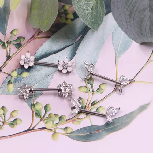 Vista 4 de 2PCS 14G 316L acero inoxidable transparente CZ pezón anillos Barbell mariposa pezón piercings joyería para mujeres (plata), Acero inoxidable