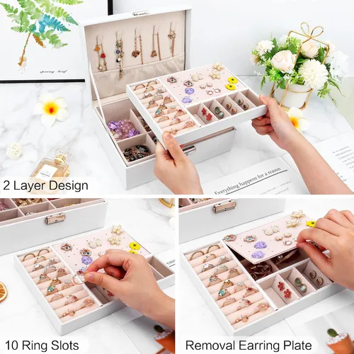 Vista 2 de DesignSter Joyero organizador con cerradura, 2 capas de piel sintética, soporte de joyería con bandeja extraíble para collares, aretes, anillos