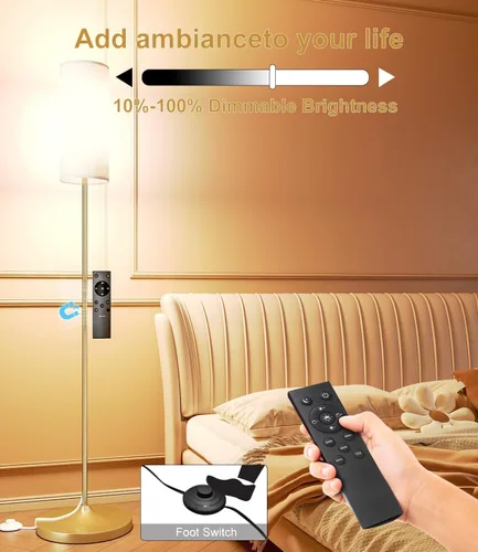Vista 2 de luckystyle Lámpara de Pie LED para Sala de Estar, Lámpostas Regulables con Interruptor de Pie, Lámpara de Pie de Oro con Temperatura