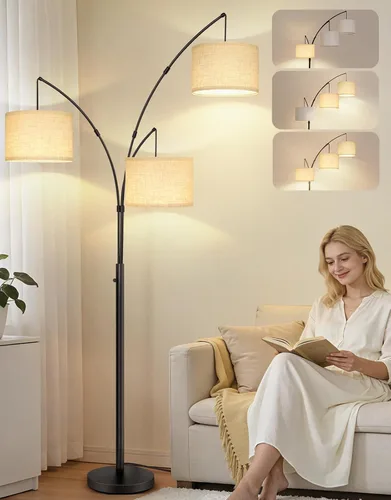 Vista 9 de OUTON Lámpara de pie LED de arco, lámpara de pie alta moderna negra de 3 luces para dormitorio, 2400lm lámparas de esquina de pie ajustables