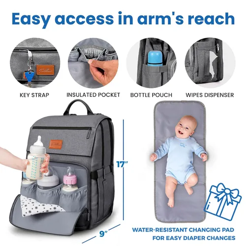 Vista 4 de PILLANI - Mochila grande para llevar pañales de bebé, para viajar, cambiador incluido, producto esencial para recién nacidos, artículos para mamá