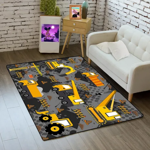Vista 19 de Alfombra de construcción – Alfombras de construcción para habitación de niños, divertido diseño de camión de dibujos animados, alfombra de coche