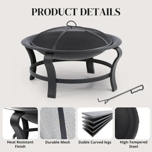Vista 2 de Juego de hogueras de acero de 30 pulgadas, pozo de leña, incluye pantalla, cubierta y póker de troncos, ideal para exteriores y patio, hoguera
