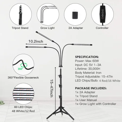 Vista 6 de GHodec Luz de Crecimiento con Soporte, 60 LED 5500K Luz de Planta de Piso de Espectro Completo para Plantas de Interior en Crecimiento, 5 Niveles