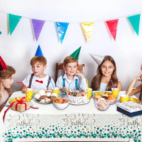 Vista 6 de 3 manteles de cumpleaños verde azulado y plateado para decoraciones