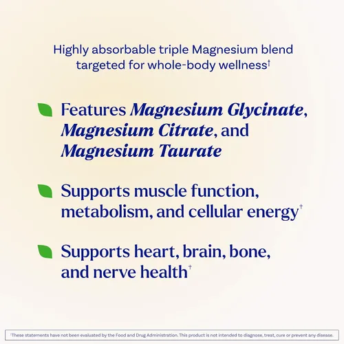 Vista 2 de Natrol Suplemento triple complejo de magnesio, glicinato, citrato y taurato de 200 mg de alta absorción, apoya el bienestar de todo el cuerpo, 60