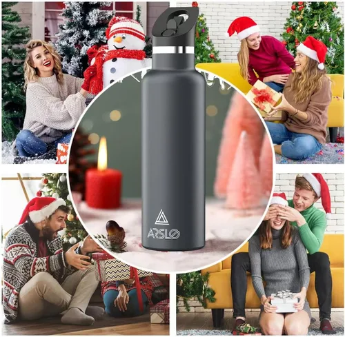 Vista 6 de Botellas de agua de doble pared de acero inoxidable, botella aislada al vacío con tapa con pajilla, botella de agua aislada que mantiene el agua