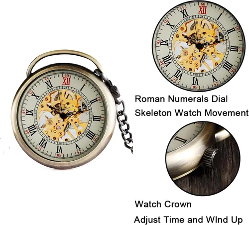 Vista 3 de Carrie Hughes Reloj de bolsillo steampunk esqueleto mano-viento números romanos cadena antigua para hombre mujer CH336, CH336, retro, moda, casual