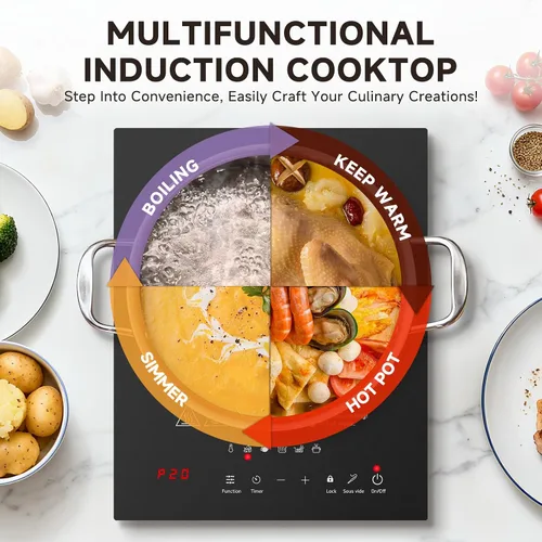 Vista 5 de AMZCHEF Placa de Cocción de Inducción Portátil: Quemador de Inducción de 74 Niveles de Temperatura con Sonda Digital, Quemador de Encimera de 1800W