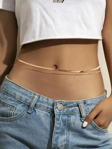 Vista 6 de Cadena de cintura dorada en capas para el vientre para mujer, cadena de serpiente, cadena de cintura de espiga dorada para el verano