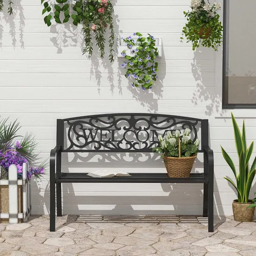 Vista 2 de Outsunny Banco de bienvenida de metal para exteriores de 50 pulgadas, banco de jardín con asiento de listones, banco de patio para parque, porche