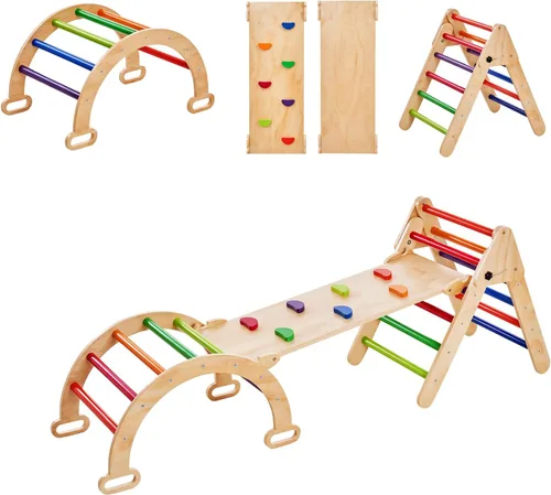 Vista 10 de VEVOR Pikler - Juego de triángulos escalador 5 en 1, juguetes de escalada para niños pequeños plegables en interiores con arco y rampa y escalera