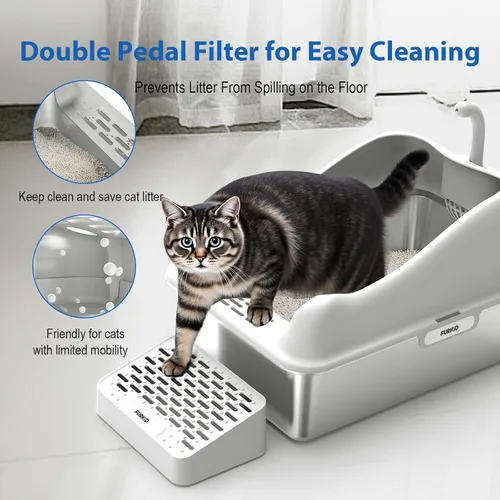 Vista 4 de Furkid Caja de arena para gatos de acero inoxidable con tapa, caja de arena extra grande XL para gatos grandes, bandeja de metal de alta cara