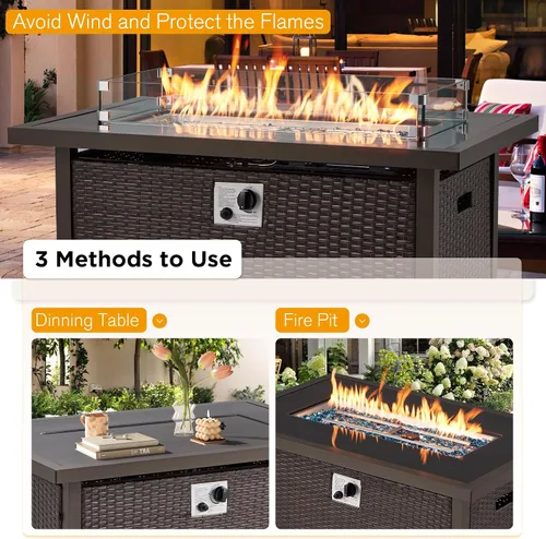 Vista 2 de HOMREST Mesa de fuego de gas propano para exteriores de 44 pulgadas, fogata de gas de encendido automático de 50,000 BTU con protector de viento