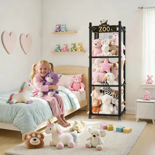Vista 4 de Torre del zoológico de almacenamiento de animales de peluche, organizador grande de madera de 56 pulgadas con ruedas, almacenamiento de peluches